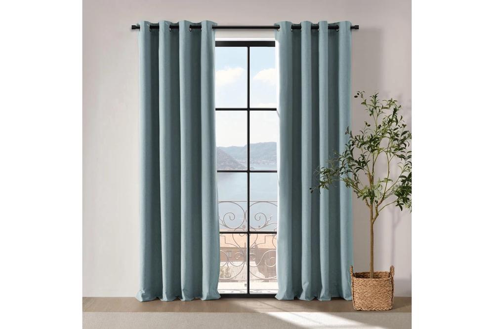 Cadence & Co Bennett Faux Linen Blockout Eyelet Curtain, Twin Pack (Dusty Blue) - 135x223cm, 9347563053342