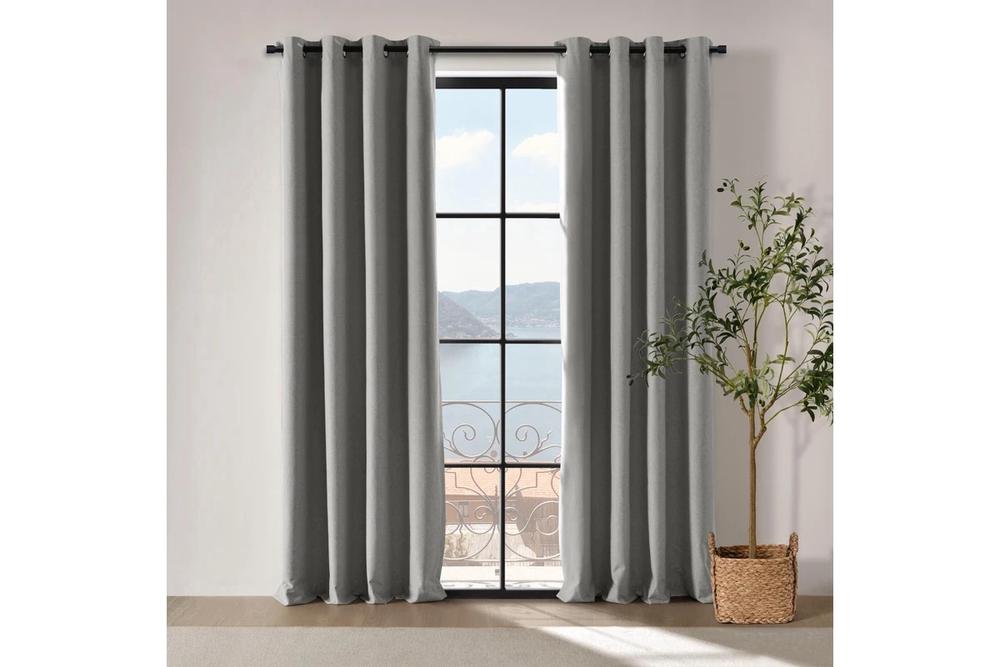 Cadence & Co Bennett Faux Linen Blockout Eyelet Curtain, Twin Pack (Steel) - 90x223cm, 9347563053373
