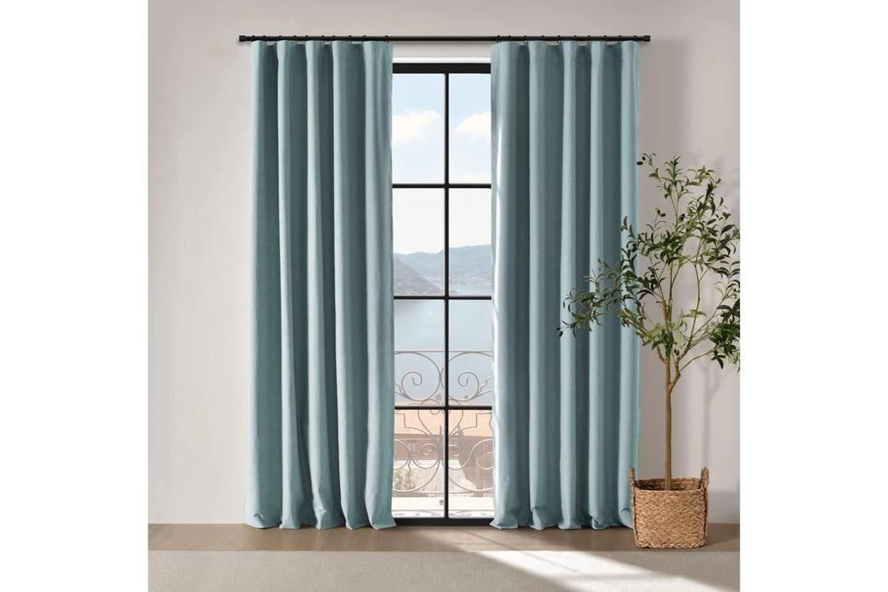 Cadence & Co Bennett Faux Linen Blockout Multi Header Curtain, Twin Pack (Dusty Blue) - 225x223cm, 9347563055834
