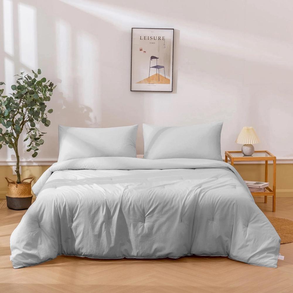 Dreamaker 225TC Cotton Washed Comforter Set (Light Grey) - Queen, 9347563071216