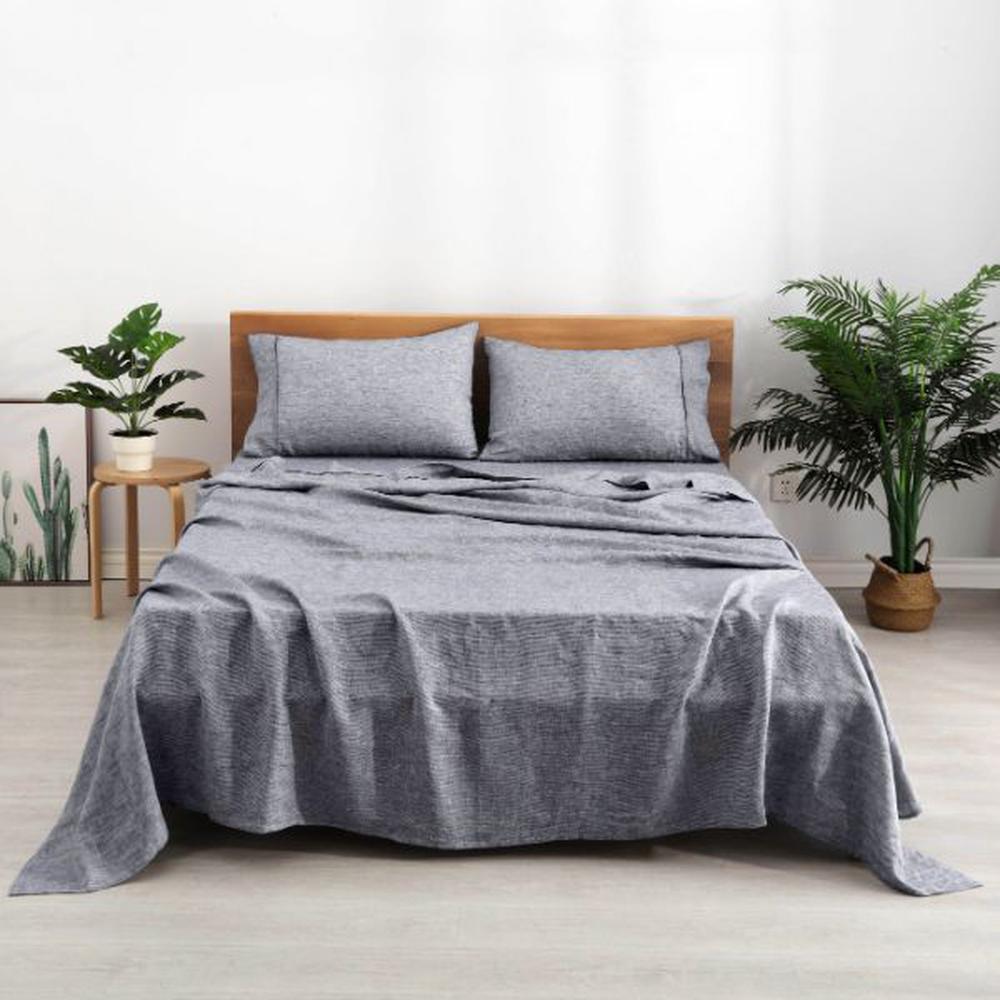 Natural Home Classic Pinstripe Linen Sheet Set (Navy/White Pinstripe) - Super King, 9347563072756