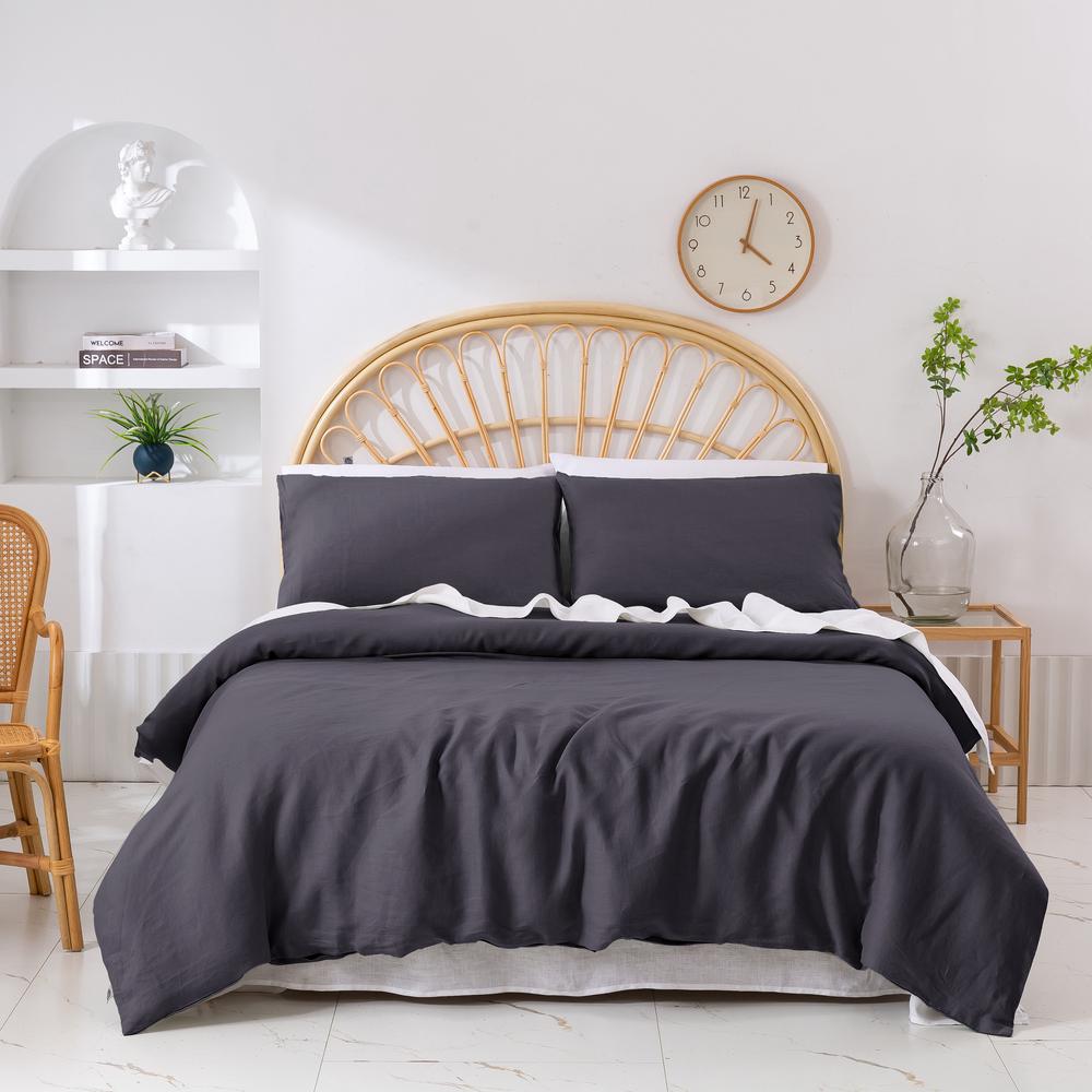 Natural Home Vintage Washed Hemp Linen Quilt Cover Set (Charcoal) - Queen, 9347563073180