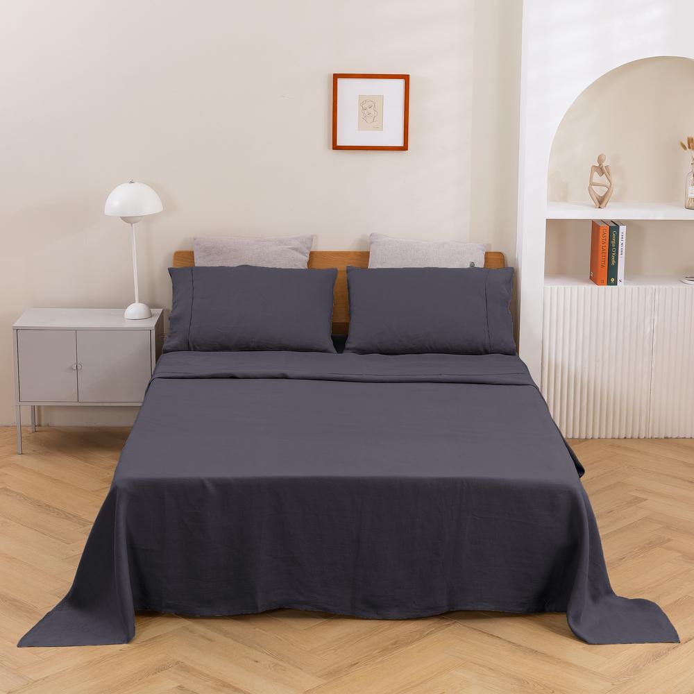 Natural Home Vintage Washed Hemp Linen Sheet Set (Charcoal) - Queen, 9347563073425