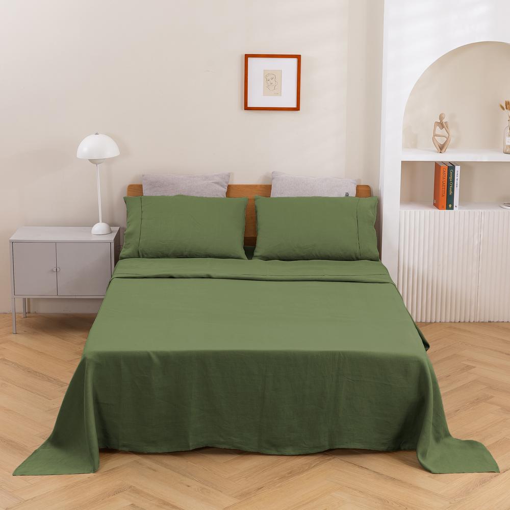 Natural Home Vintage Washed Hemp Linen Sheet Set (Olive) - King, 9347563073494
