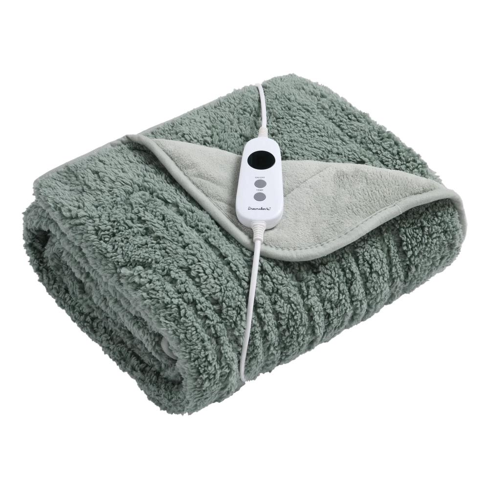 Dreamaker Reversible Sherpa & Coral Fleece Heated Throw (Olive/Sage