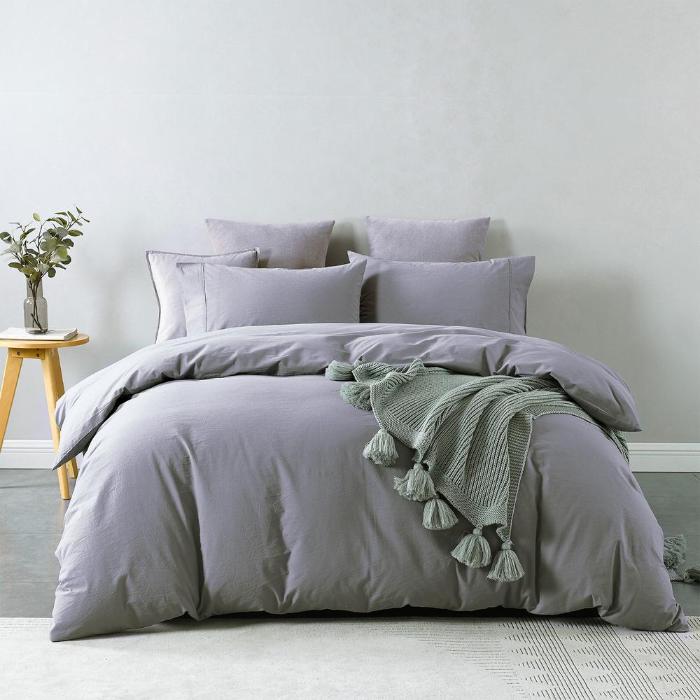 Royal Comfort Vintage Washed Cotton Quilt Cover Set (Grey) Double