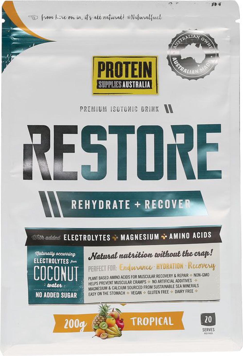 Protein Supplies Australia Restore Hydration Recovery Drink (Tropical) - 200g, 9350181000773