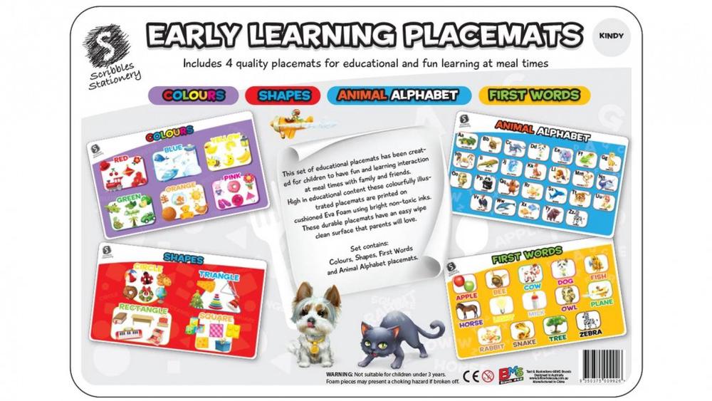BMS Kindy Early Learning Educational Placemats, 4 Pack, 9350375009926