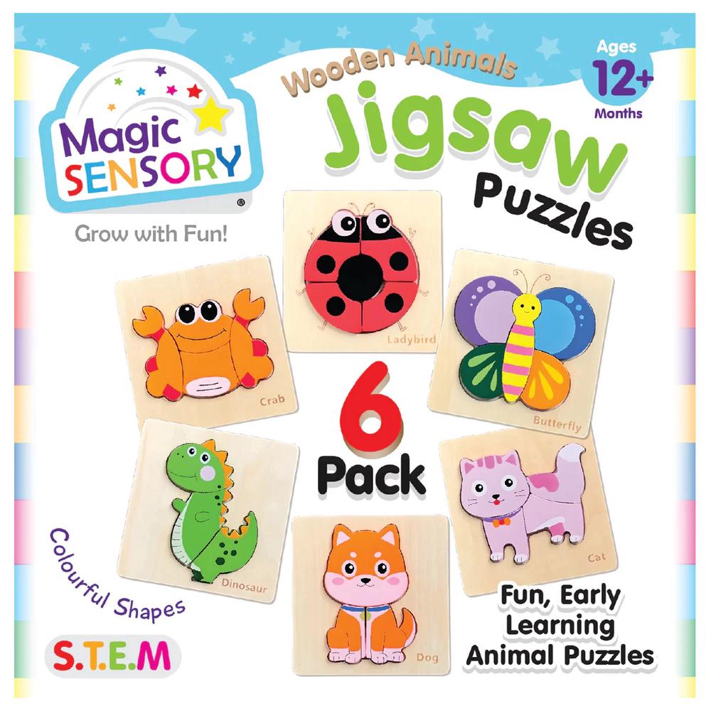 Magic Sensory Wooden Animals Jigsaw Puzzle, 6 Pack, 9350375019789