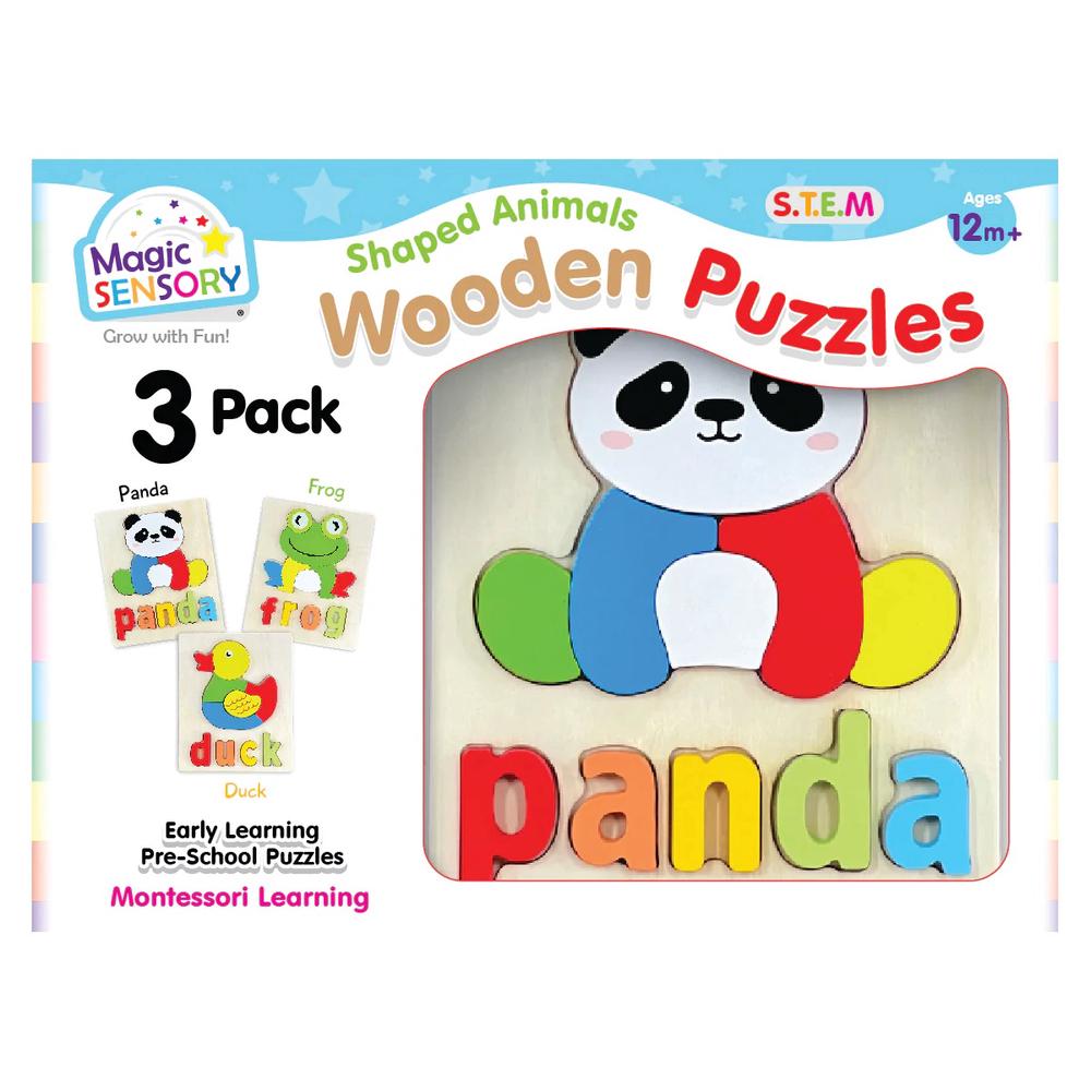 Magic Sensory Shaped Animals Wooden Puzzles, Triple Pack, 9350375019796