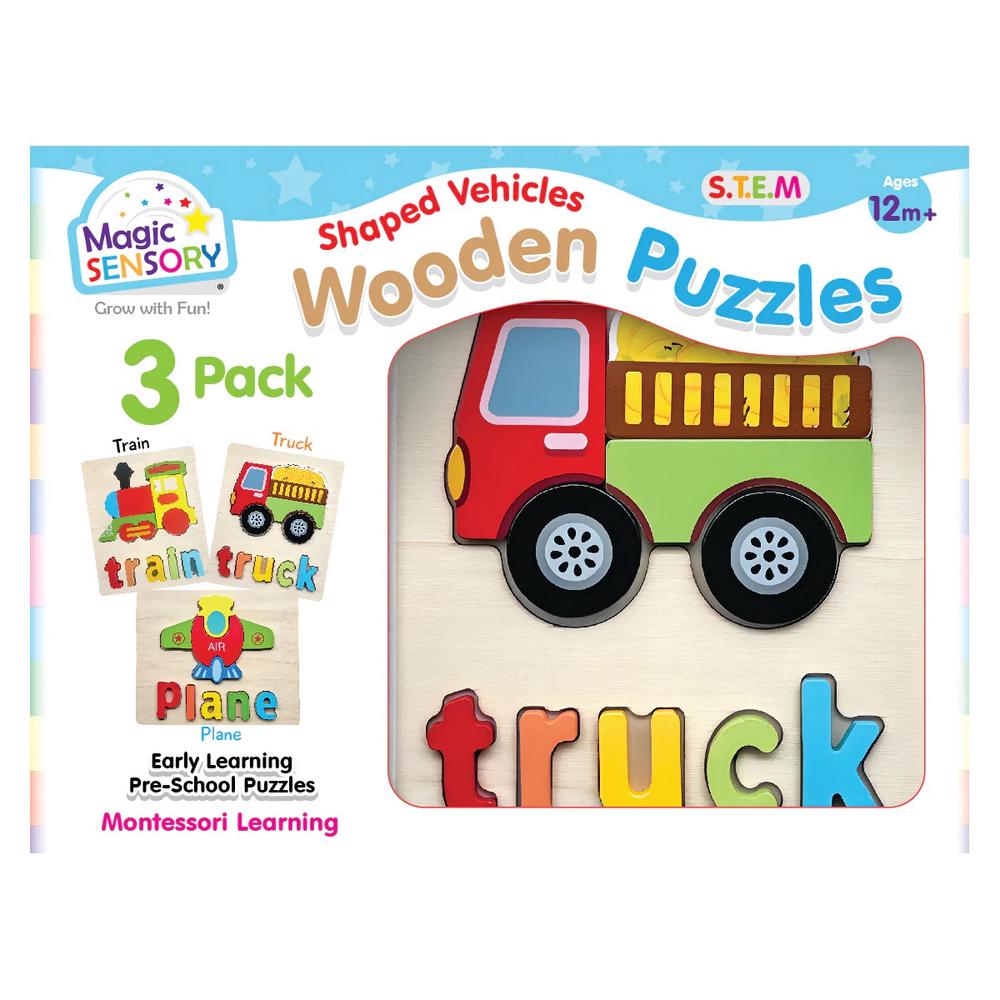 Magic Sensory Shaped Vehicles Wooden Puzzles, Triple Pack, 9350375019802