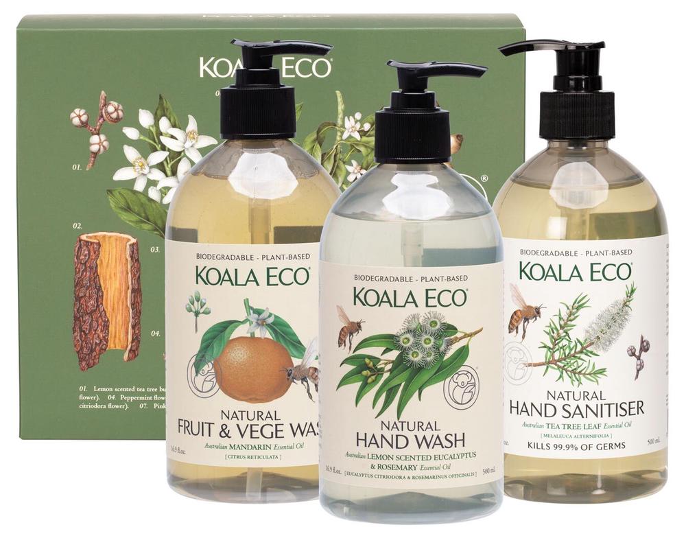 Koala Eco Natural Hand Wash, Hand Sanitiser and Fruit & Veg Wash Gift Pack, Set of 3 - 500mL, 9352471000555