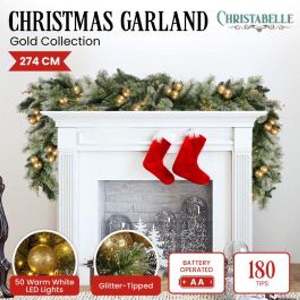 Christabelle Christmas Garland with Gold Baubles and LED Lights Mantle Decoration Ornament - 2.7m by Christabelle - ISBN: 9358528078317