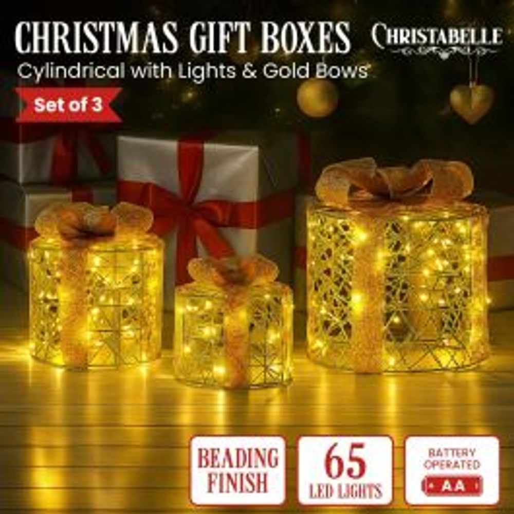 Christabelle Battery Operated Golden Cylindrical Christmas Gift Boxes with Lights, Set of 3 by Christabelle - ISBN: 9358528080389