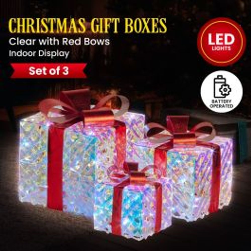 Christabelle Christmas Gift Boxes with Lights - Clear Shimmer with Red Bows, Set of 3 by Christabelle - ISBN: 9358528080464