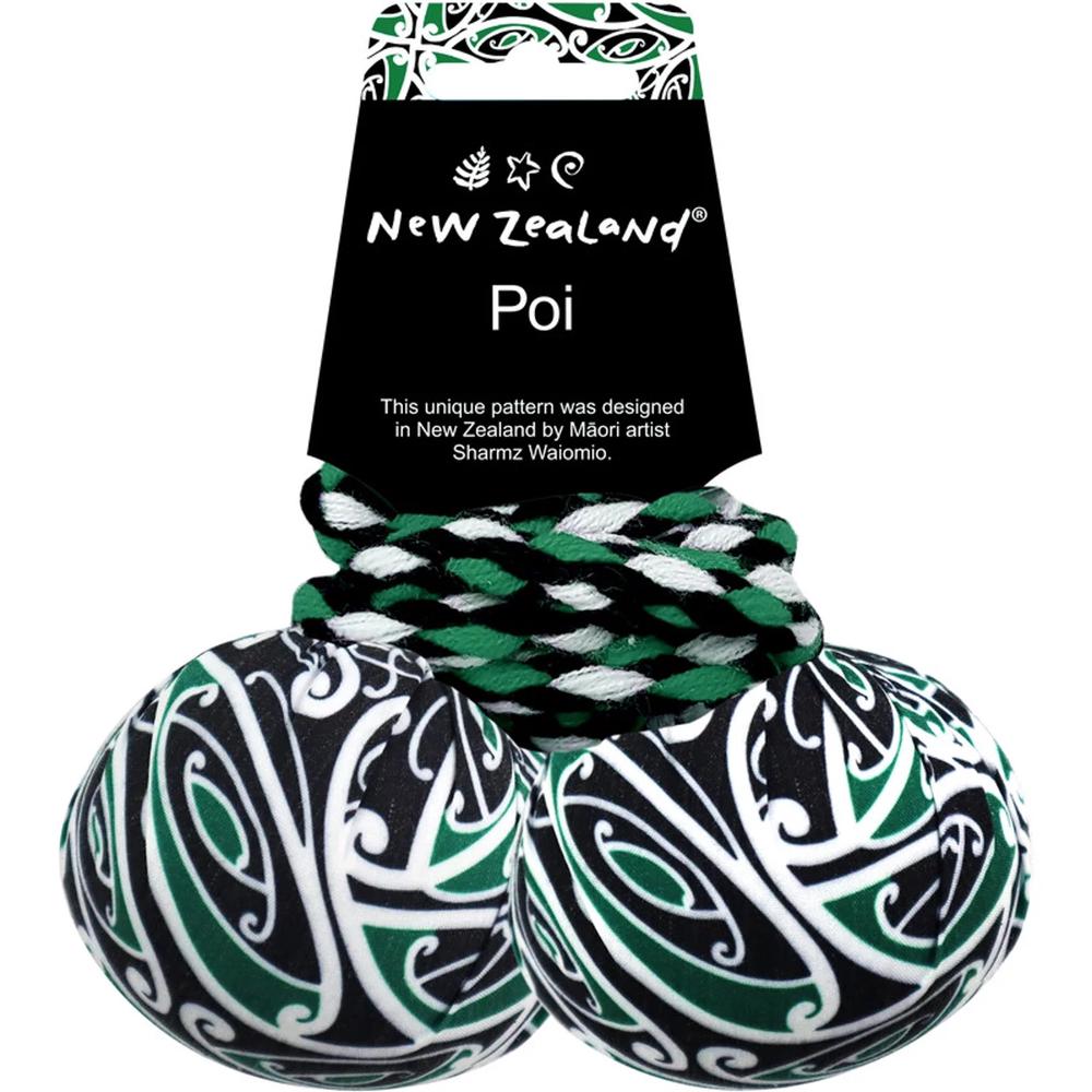 NZ Poi w/ Maori Patterned Fabric (Green), 9414740974223