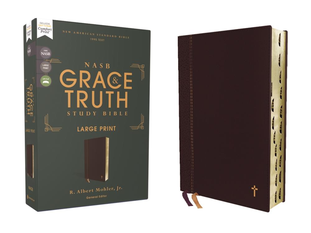 NASB, The Grace and Truth Study Bible (Trustworthy and Practical Insights), Large Print, Leathersoft, Maroon, Red Letter, 1995 Text, Thumb Indexed, Comfort Print, 9780310088448