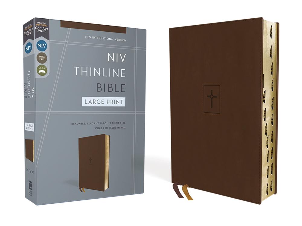 NIV, Thinline Bible, Large Print, Leathersoft, Brown, Red Letter, Thumb Indexed, Comfort Print, 9780310154365