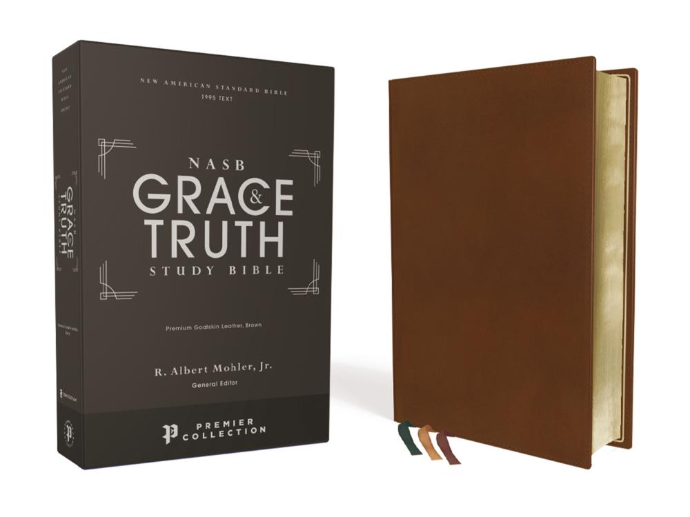 NASB, The Grace and Truth Study Bible, Premium Goatskin Leather, Brown, Premier Collection, Black Letter, 1995 Text, Art Gilded Edges, Comfort Print, 9780310447726