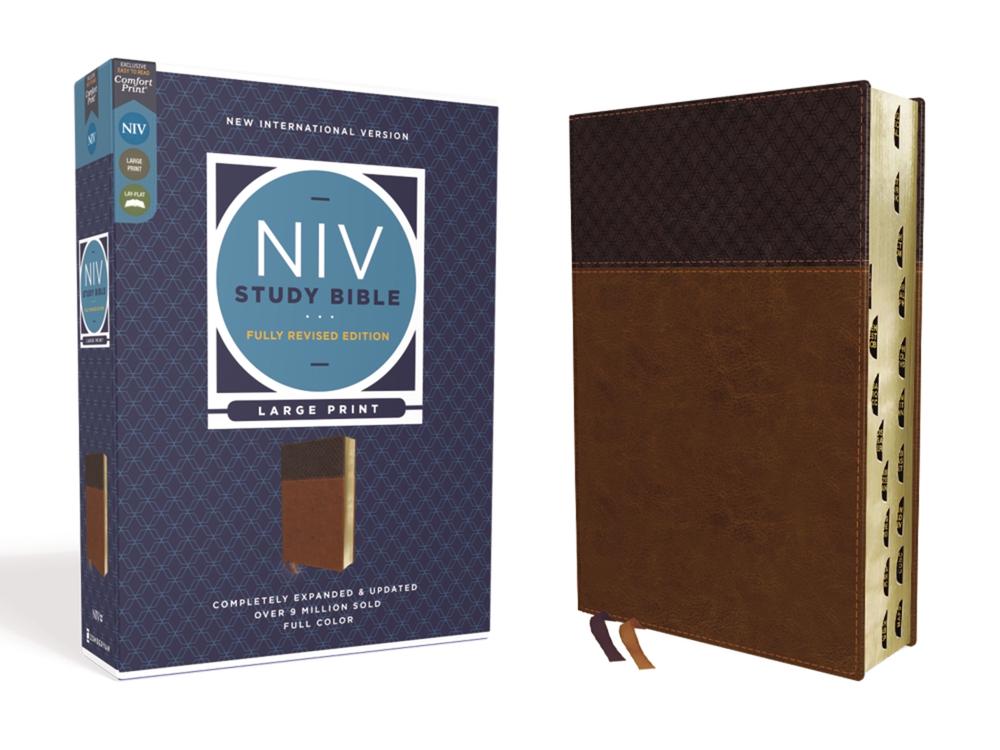 NIV Study Bible, Fully Revised Edition, Large Print, Leathersoft, Brown, Red Letter, Thumb Indexed, Comfort Print, 9780310449195