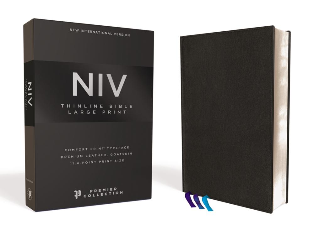 NIV, Thinline Bible, Large Print, Premium Goatskin Leather, Black, Premier Collection, Black Letter, Art Gilded Edges, Comfort Print, 9780310450894