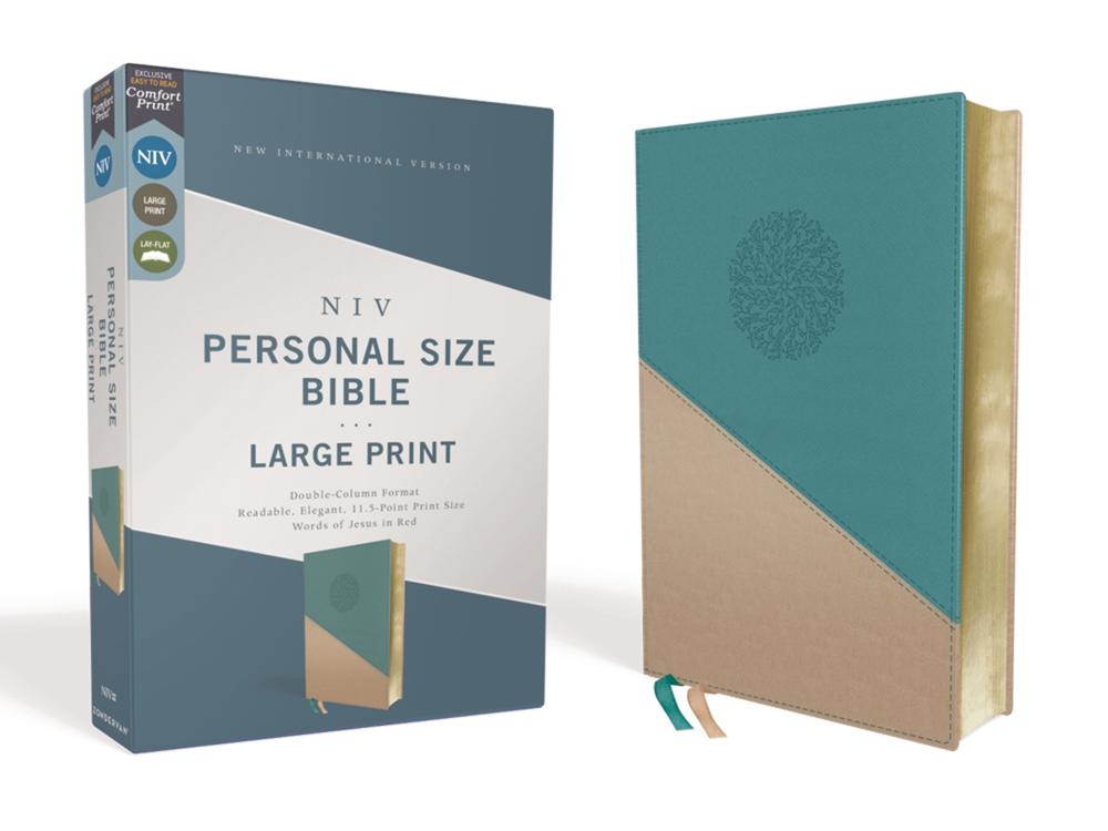 NIV, Personal Size Bible, Large Print, Leathersoft, Teal/Gold, Red Letter, Comfort Print, 9780310454281
