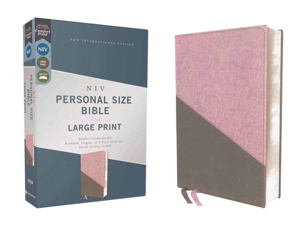 NIV, Personal Size Bible, Large Print, Leathersoft, Pink/Gray, Red Letter, Thumb Indexed, Comfort Print by Zondervan - ISBN: 9780310458838