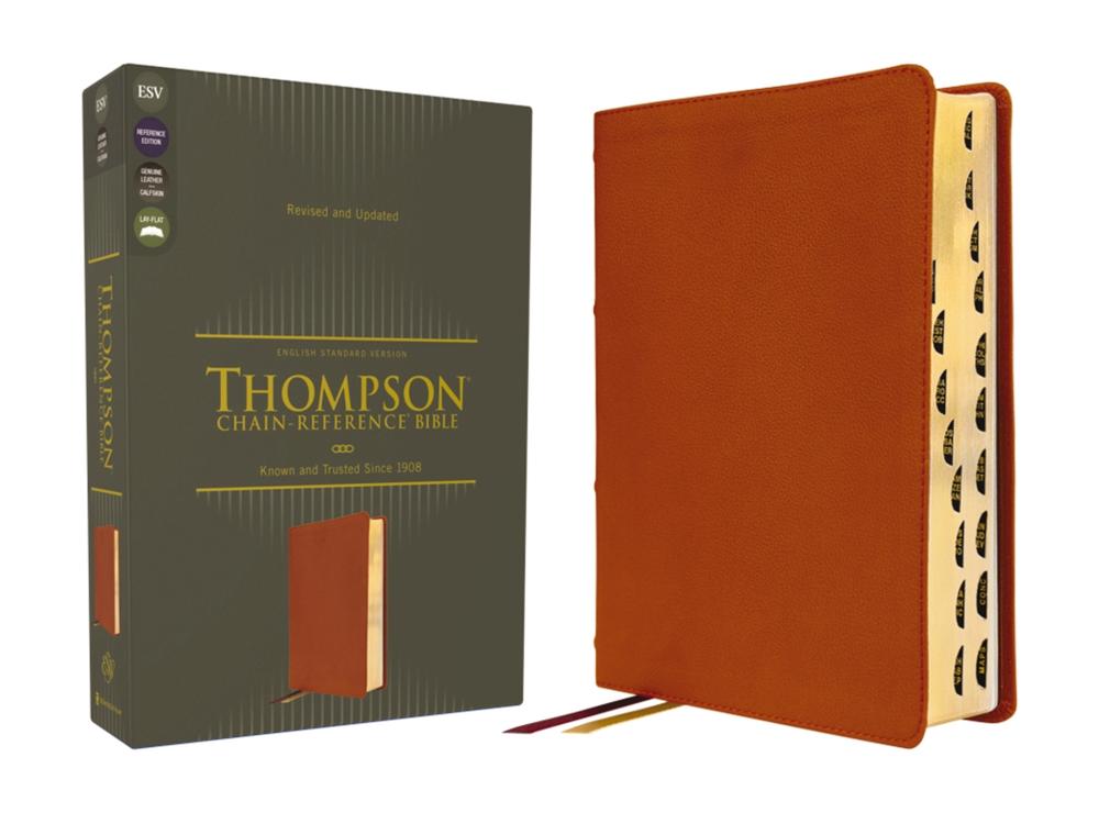 ESV, Thompson Chain-Reference Bible, Genuine Leather, Calfskin, Tan, Red Letter, Thumb Indexed, 9780310459057