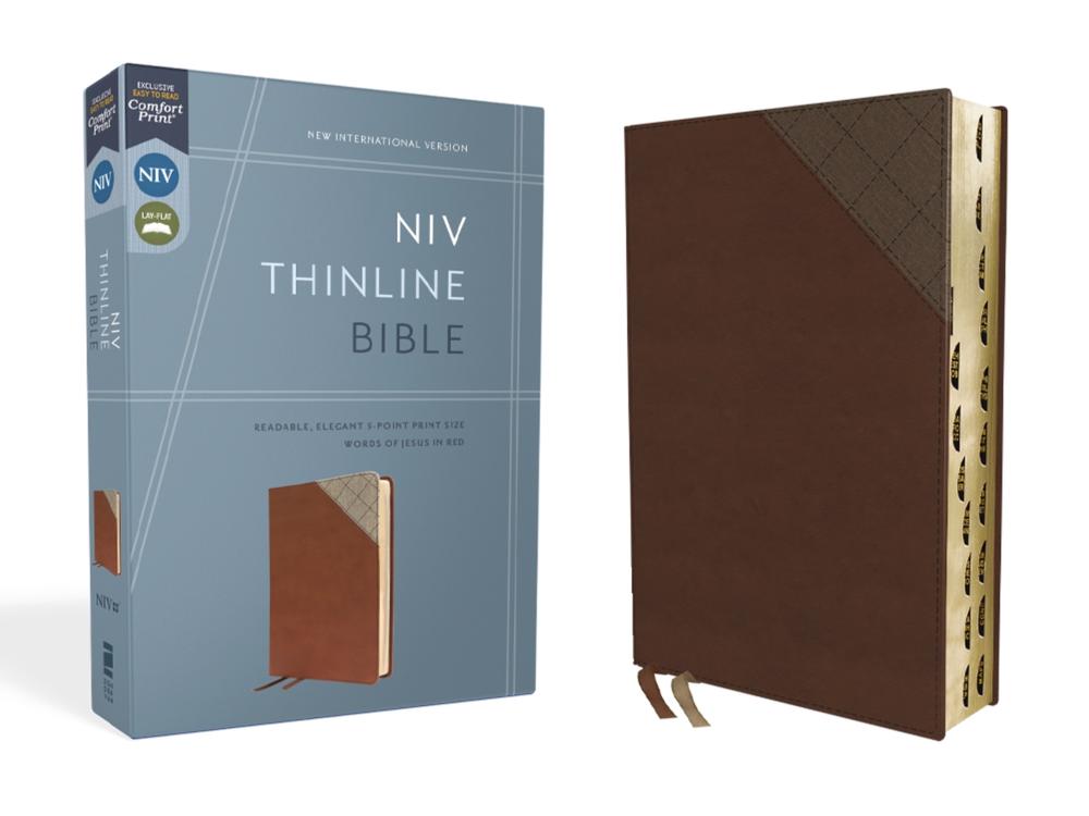 NIV, Thinline Bible, Leathersoft, Brown, Red Letter, Thumb Indexed, Comfort Print, 9780310462057