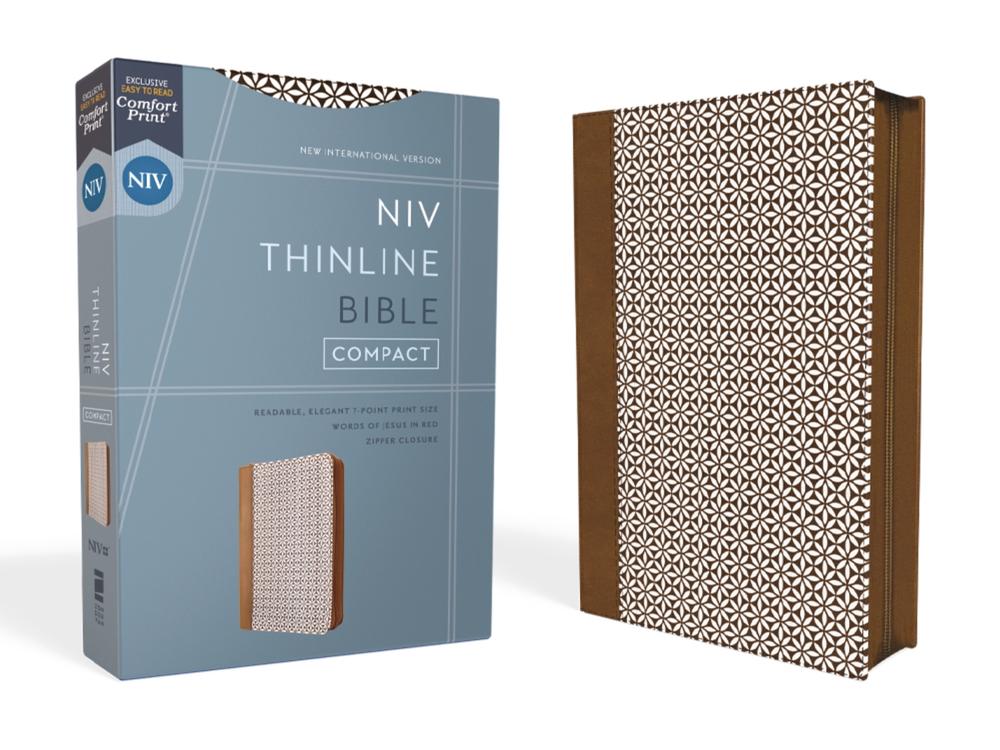 NIV, Thinline Bible, Compact, Leathersoft, Brown/White, Zippered, Red Letter, Comfort Print, 9780310463368
