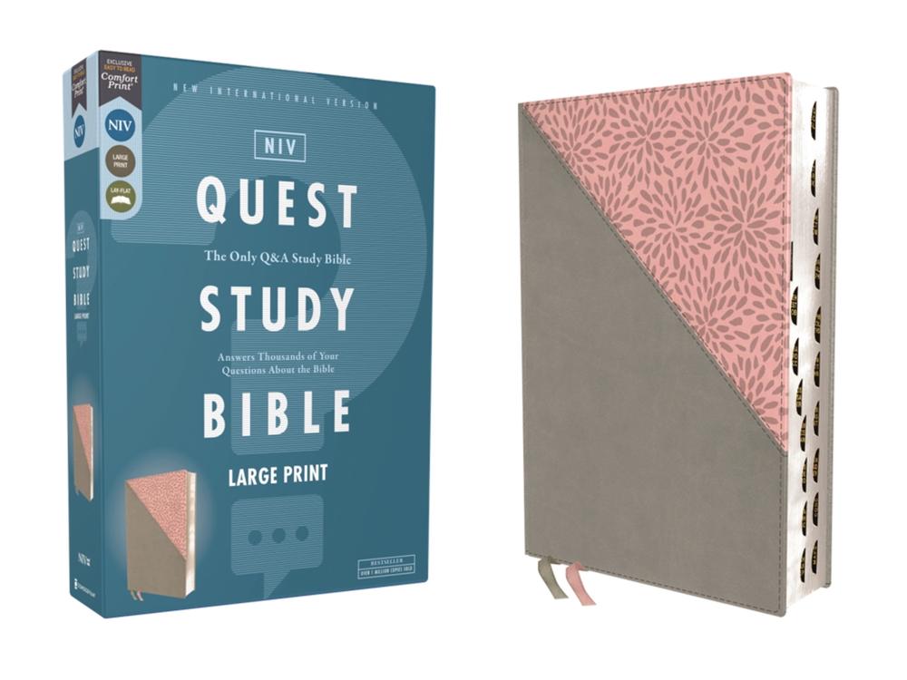 NIV, Quest Study Bible, Large Print, Leathersoft, Gray/Pink, Thumb Indexed, Comfort Print, 9780310465843