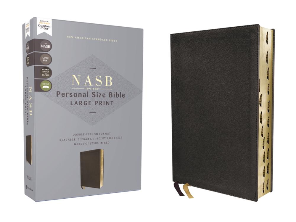 NASB, Personal Size Bible, Large Print, Genuine Leather, Calfskin, Black, Red Letter, 1995 Text, Thumb Indexed, Comfort Print, 9780310465997