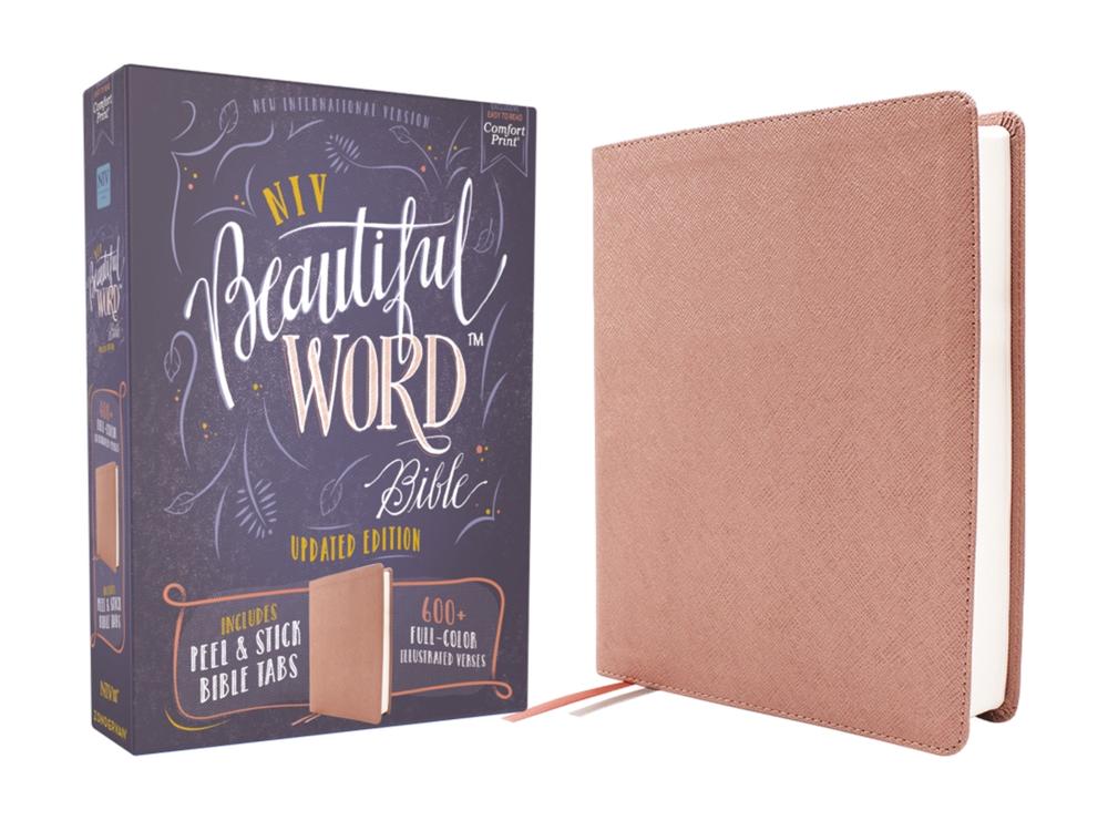 NIV, Beautiful Word Bible, Updated Edition, Peel/Stick Bible Tabs, Leathersoft, Pink, Red Letter, Comfort Print, 9780310466062