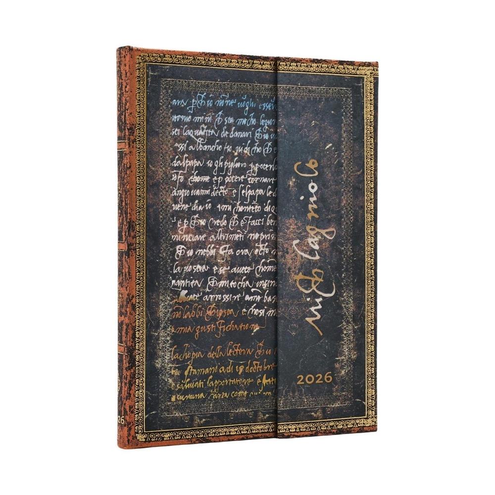 2026 Michelangelo, Handwriting (Embellished Manuscripts Collection) Midi 12-month Vertical Hardcover Flexi Dayplanner 2026 (Wrap Closure) by Paperblanks - ISBN: 9780349707693