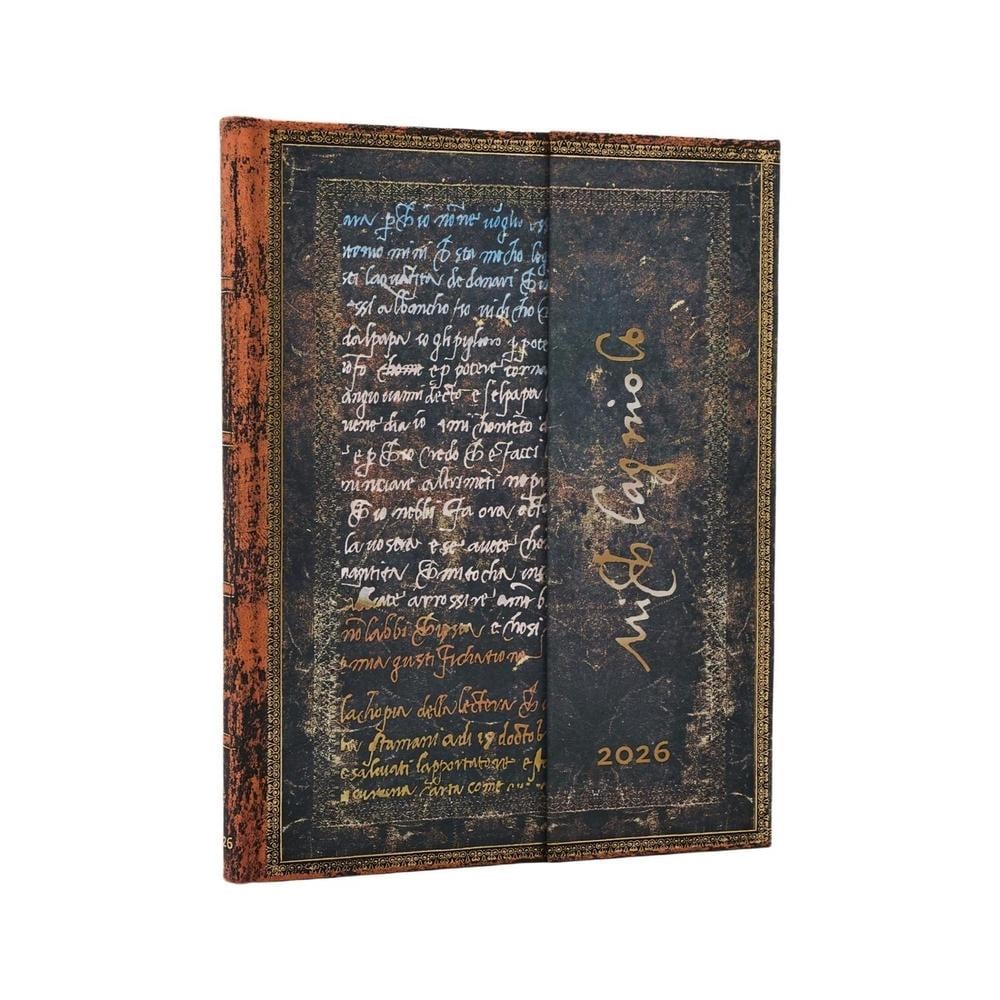 2026 Michelangelo, Handwriting (Embellished Manuscripts Collection) Ultra 12-month Horizontal Hardcover Flexi Dayplanner 2026 (Wrap Closure) by Paperblanks - ISBN: 9780349708010