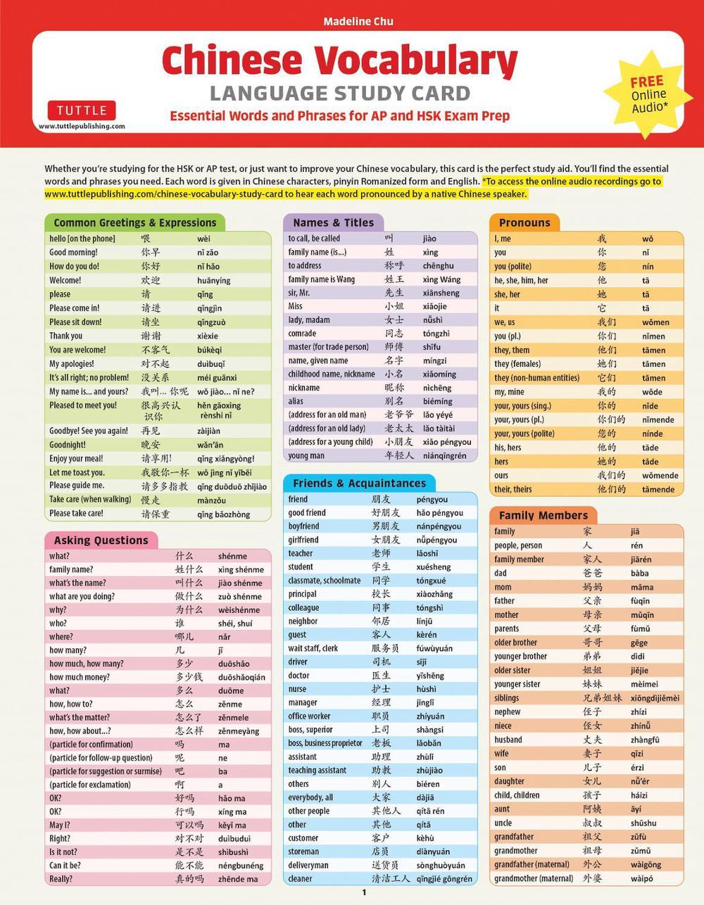 Mandarin Chinese Vocabulary Language Study Card, 9780804853248