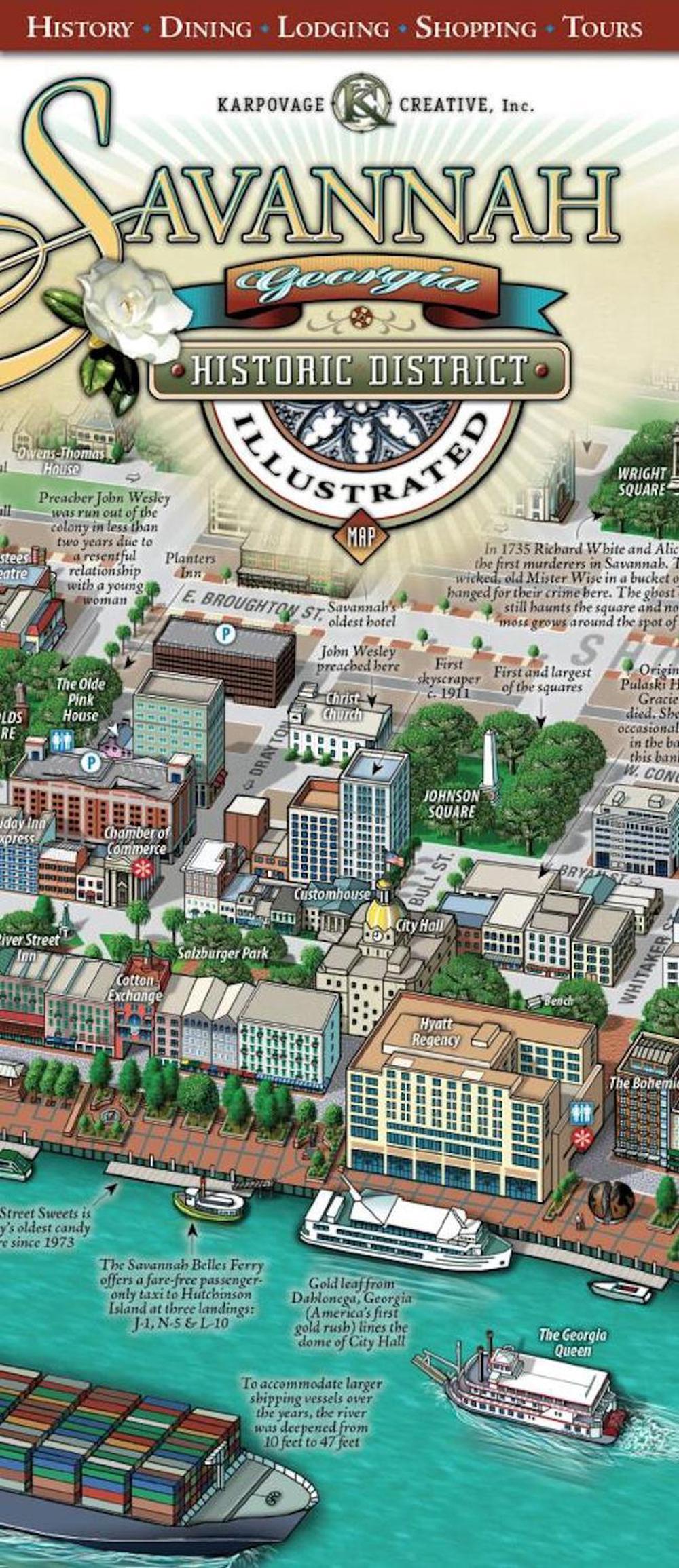 Savannah Historic District Illustrated Map By Michael Karpovage Folded 