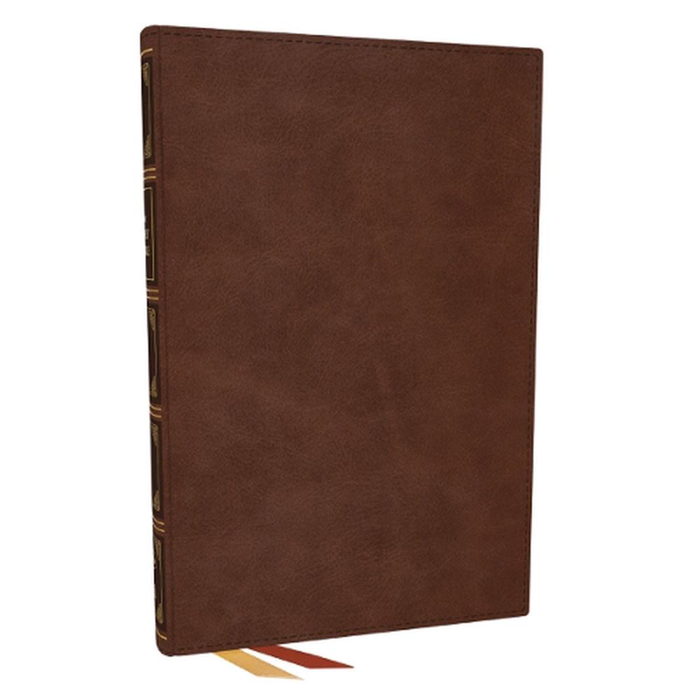 NKJV, Thinline Bible, Large Print, Brown Leathersoft, Red Letter, Comfort Print by Thomas Nelson - ISBN: 9781400358410
