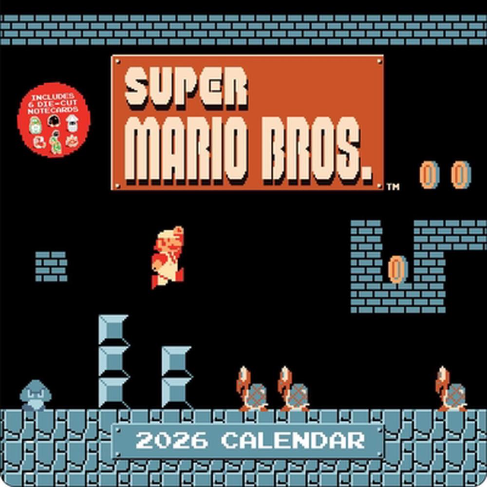 Super Mario Bros. 8-Bit Retro 2026 Wall Calendar + 6 Bonus Die-Cut Notecards, 9781419783494