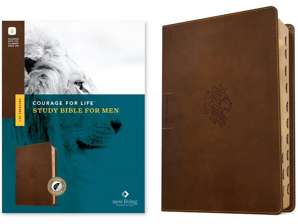 NLT Courage for Life Study Bible for Men (Leatherlike, Rustic Brown Lion, Indexed, Filament Enabled), 9781496475572