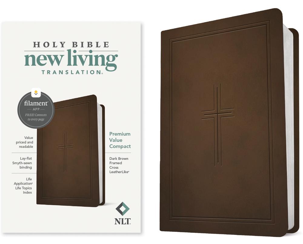 NLT Premium Value Compact Bible, Filament-Enabled Edition (Leatherlike, Dark Brown Framed Cross), 9781496479303
