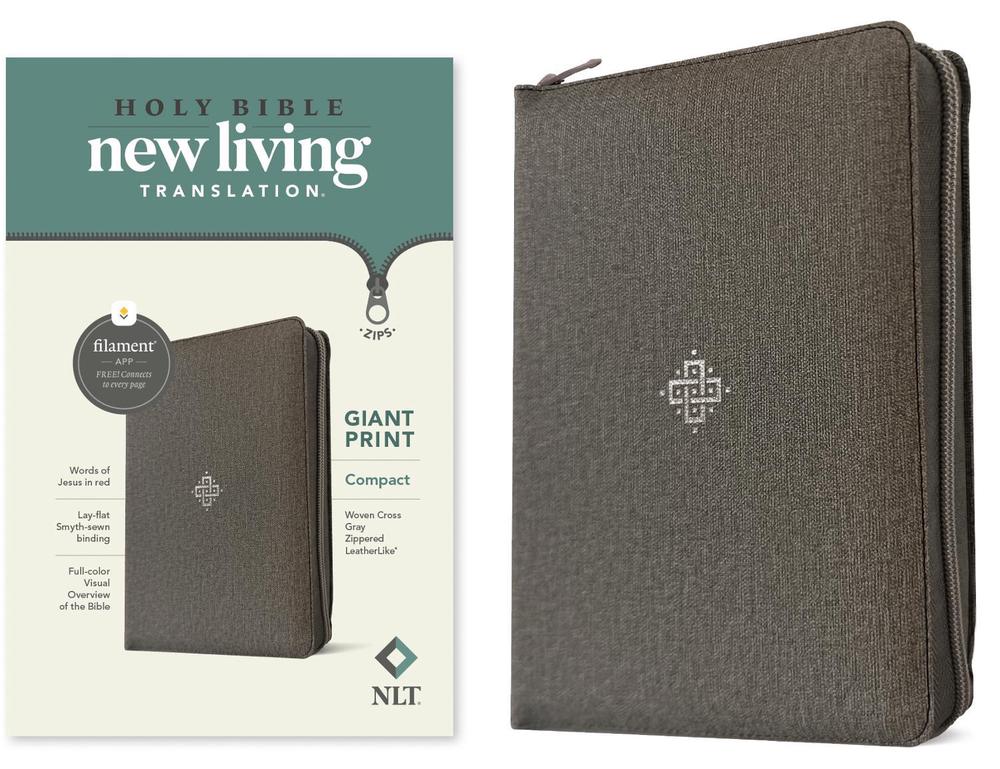 NLT Compact Giant Print Zipper Bible, Filament-Enabled Edition (Leatherlike, Woven Cross Gray, Red Letter), 9781496480101