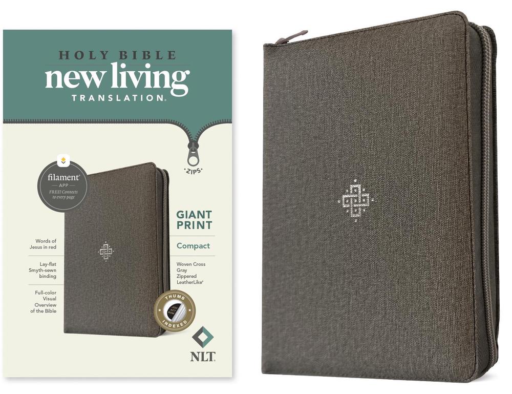NLT Compact Giant Print Zipper Bible, Filament-Enabled Edition (Leatherlike, Woven Cross Gray, Indexed, Red Letter), 9781496480125