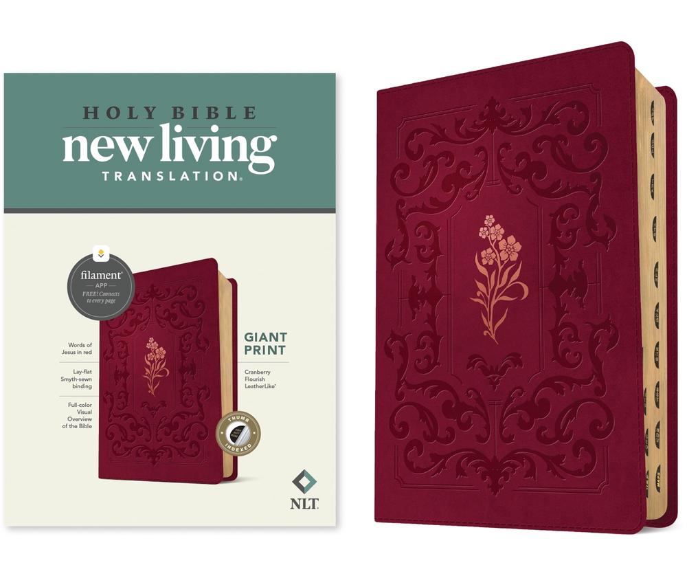 NLT Giant Print Bible, Filament-Enabled Edition (Leatherlike, Cranberry Flourish, Indexed, Red Letter), 9781496482303