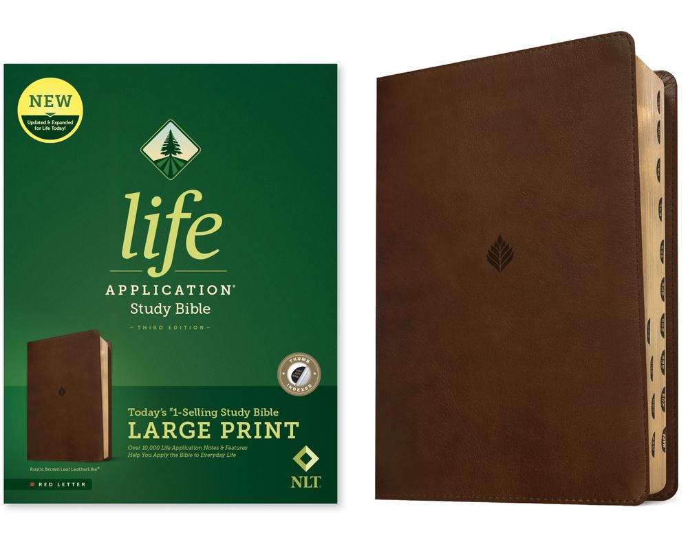 NLT Life Application Study Bible, Third Edition, Large Print (Leatherlike, Rustic Brown Leaf, Indexed, Red Letter), 9781496483096