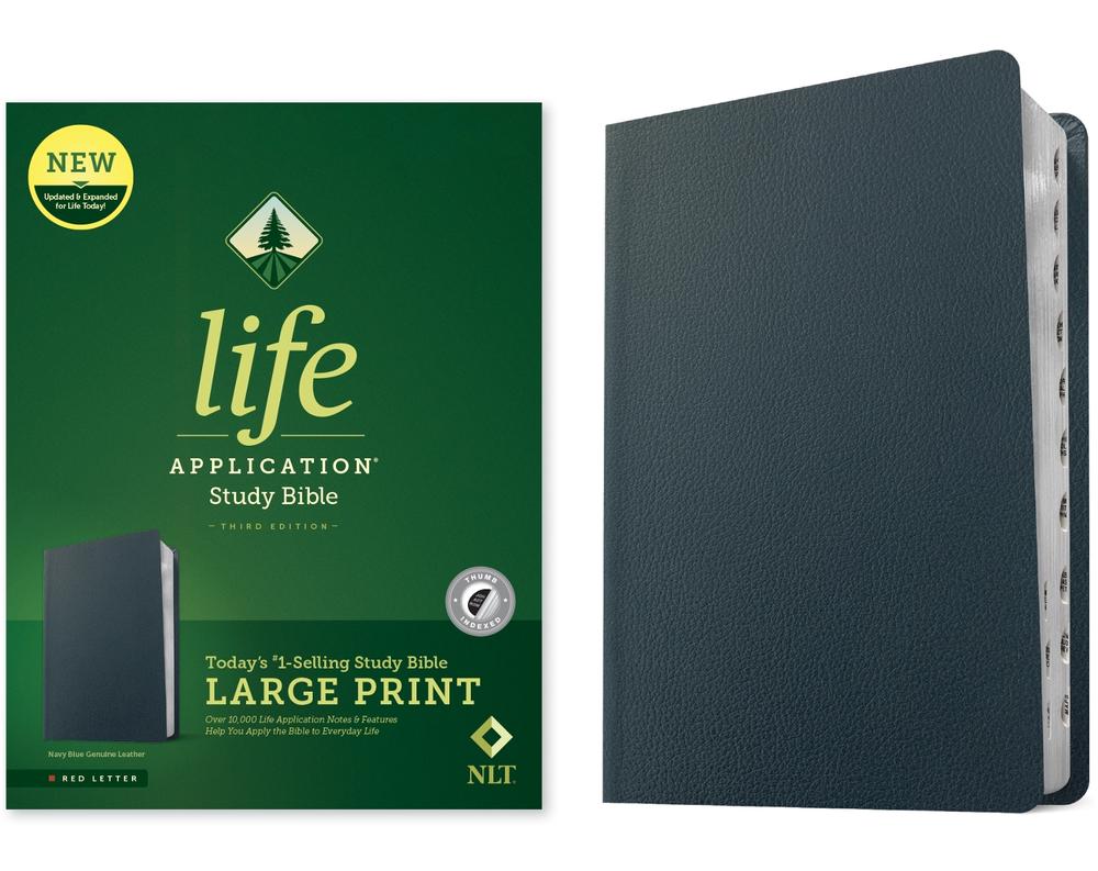 NLT Life Application Study Bible, Third Edition, Large Print (Genuine Leather, Navy Blue, Indexed, Red Letter), 9781496483133