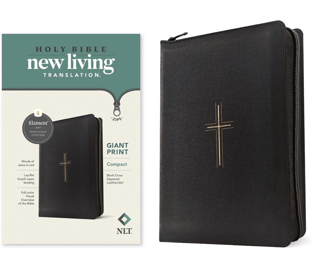 NLT Compact Giant Print Zipper Bible, Filament-Enabled Edition (Leatherlike, Black Cross, Red Letter), 9781496486738