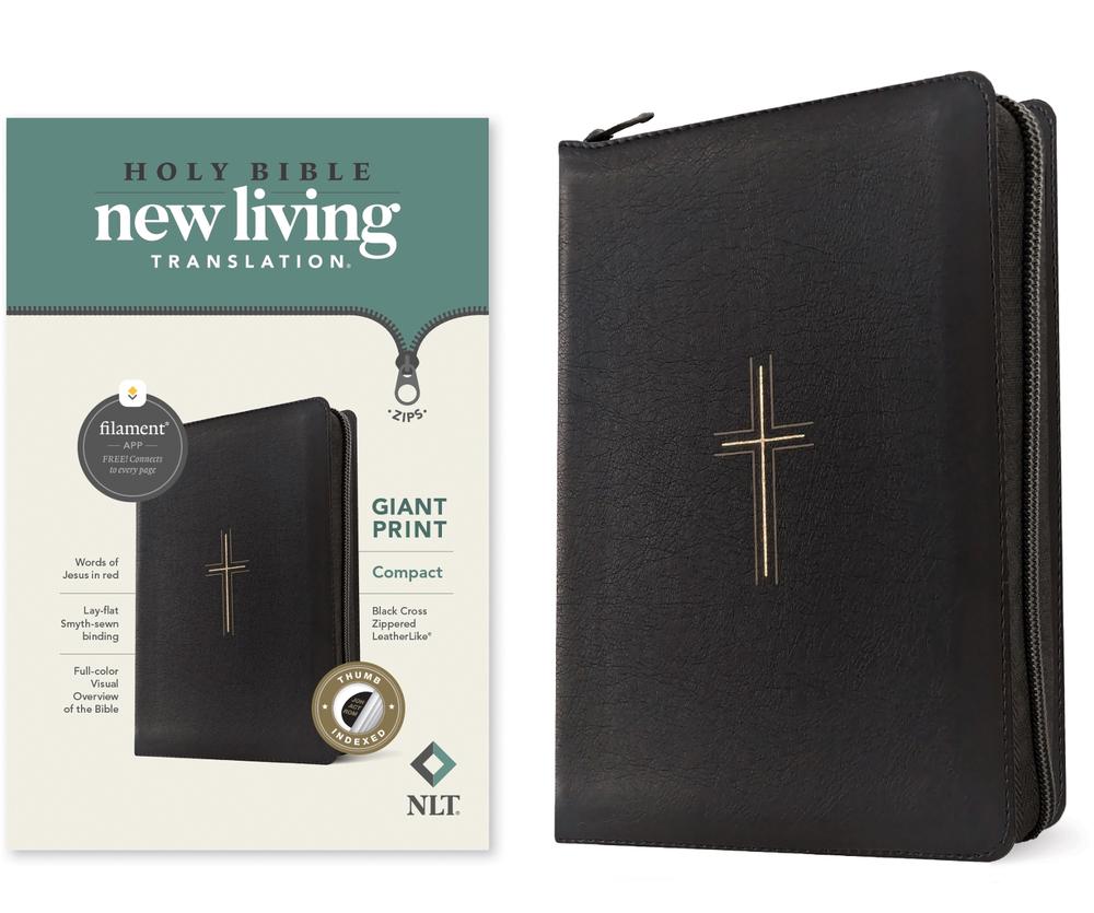 NLT Compact Giant Print Zipper Bible, Filament-Enabled Edition (Leatherlike, Black Cross, Indexed, Red Letter), 9781496486868