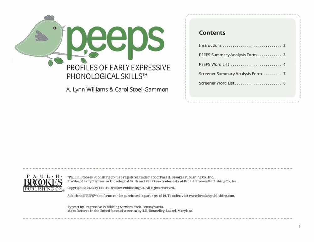 Profiles of Early Expressive Phonological Skills (PEEPS™) Forms, 9781681257396