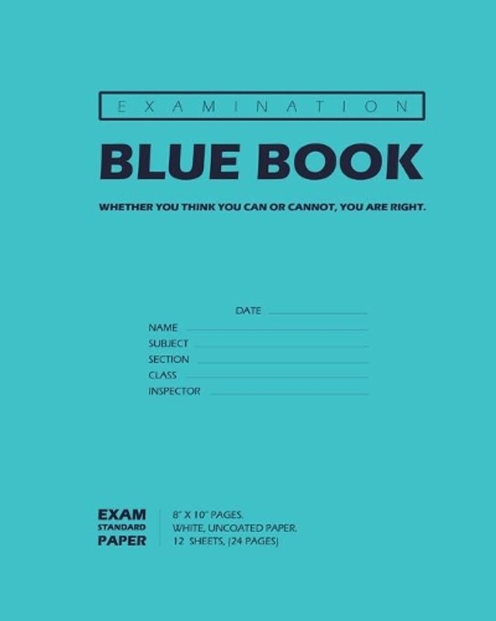 Examination Blue Book, Wide Ruled, 12 Sheets (24 Pages), Blank Lined ...